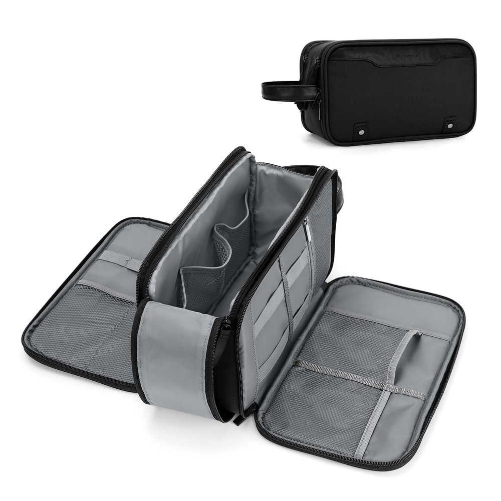 Wedama Toiletry Bag for Men, Large Hanging Travel Toiletry Bag, Extra Electronic Organizer Bag Waterproof Shaving Bag for Toiletries with PU Handle for Travel Business Trips Swim Camping, Black