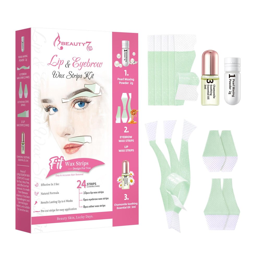 Beauty7 Pre-cut Wax Strips for At-Home Eyebrow, Lip, and Facial Hair Removal - 24 Strips with Pearl Powder and Essential Oil for Sensitive Skin