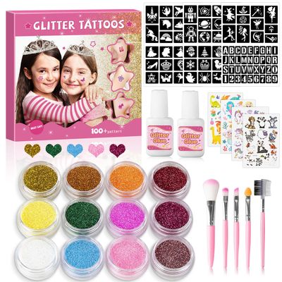 12 Colors Kids Temporary Glitter Tattoo Kit with 92 Stencils, 4 Tattoo Stickers, 2 Glues and 5 Brushes, Art Glitter Makeup Kit for Adults and Kids, Great Holiday Gift for Girls and Boys.