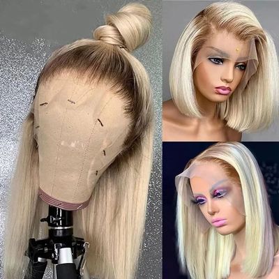 Ombre 613 HD Lace Frontal Wig 13x6 Short Bob Straight Lace Front Human Hair Wigs Pre Plucked With Baby Hair Brazilian Remy Hair For Women Natural Hairline 4/613 Colored Short Wigs 150% Density 14Inch