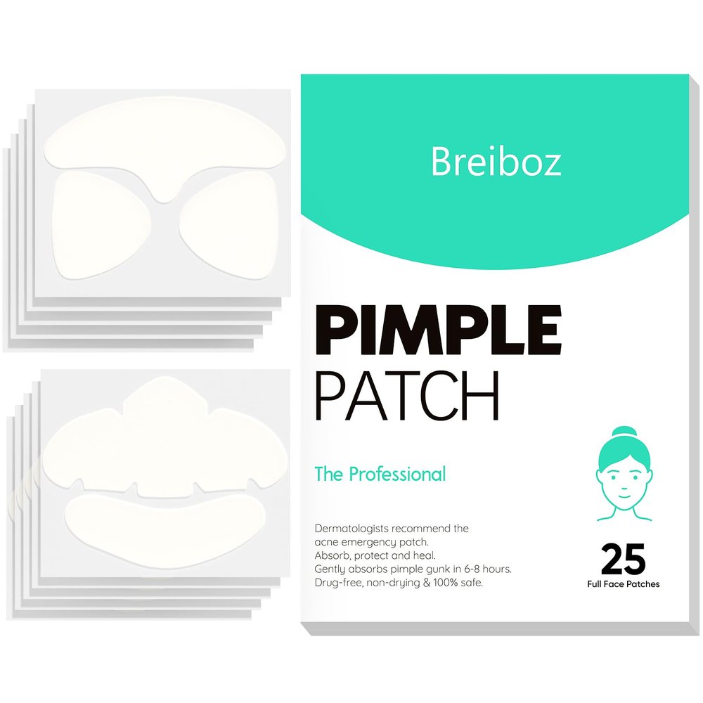 Breiboz Full Face Pimple Patches(5 Pack),Big Hydrocolloid Acne Patches,Skin Care Zit Patches for Whole Face,Nose, Chin, Forehead & Cheeks w/Tea Tree Oil, Salicylic Acid & Cica Oil5 Pack,25 Patches