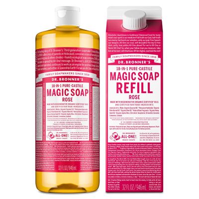 Dr. Bronner's Pure-Castile Magic Soap Liquid- Made with Regenerative Organic Certified Oils- For Body, Face, Hair, Dishes, Laundry, Vegan Bath Soaps for Men & Women, Non-GMO - Rose, 32oz + Refill