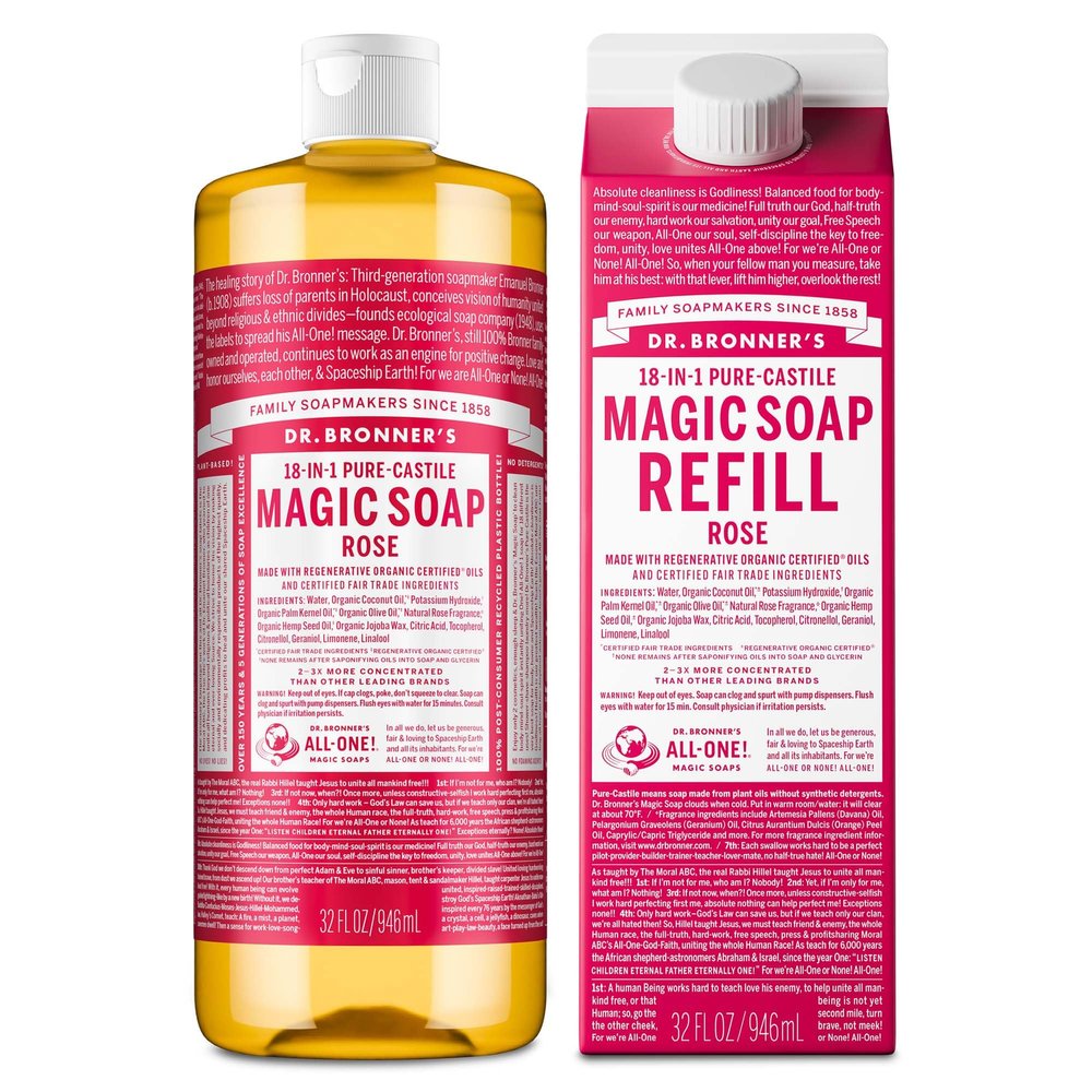 Dr. Bronner's Pure-Castile Magic Soap Liquid- Made with Regenerative Organic Certified Oils- For Body, Face, Hair, Dishes, Laundry, Vegan Bath Soaps for Men & Women, Non-GMO - Rose, 32oz + Refill