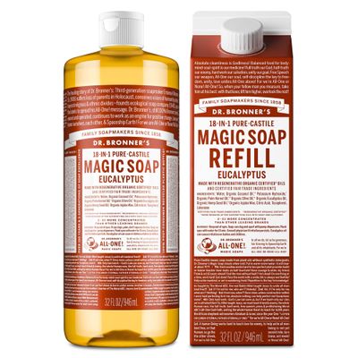 Dr. Bronner's Pure-Castile Liquid Magic Soap Bottle & Refill Carton - Made with Regenerative Organic Certified Oils- 18-in-1 Uses for Face, Body Wash, Hand Soap Refill- Eucalyptus, 32oz + Refill