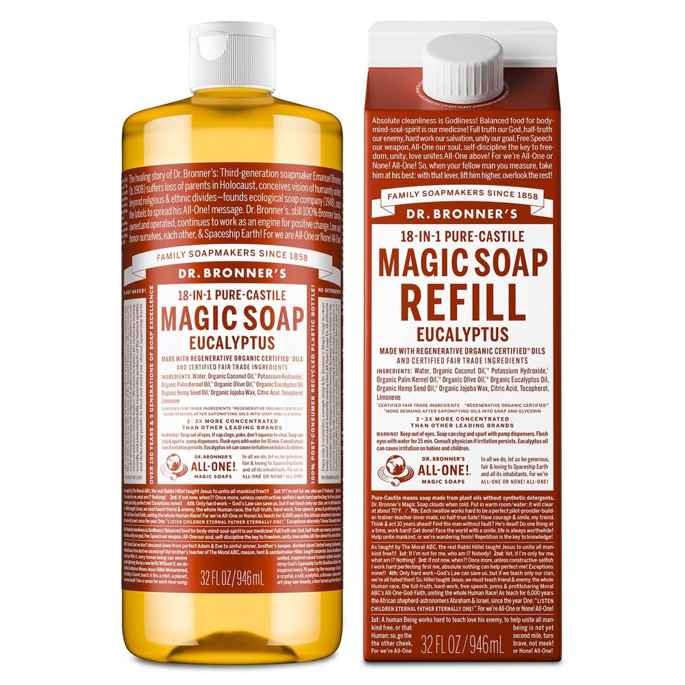 Dr. Bronner's Pure-Castile Liquid Magic Soap Bottle & Refill Carton - Made with Regenerative Organic Certified Oils- 18-in-1 Uses for Face, Body Wash, Hand Soap Refill- Eucalyptus, 32oz + Refill
