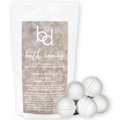 Belle & Beau Luxe All-Natural Amber Vanilla Hemp Bath Bombs - Made with Organic Hemp Seed Oil and Pure Essential Oils - 8 Count