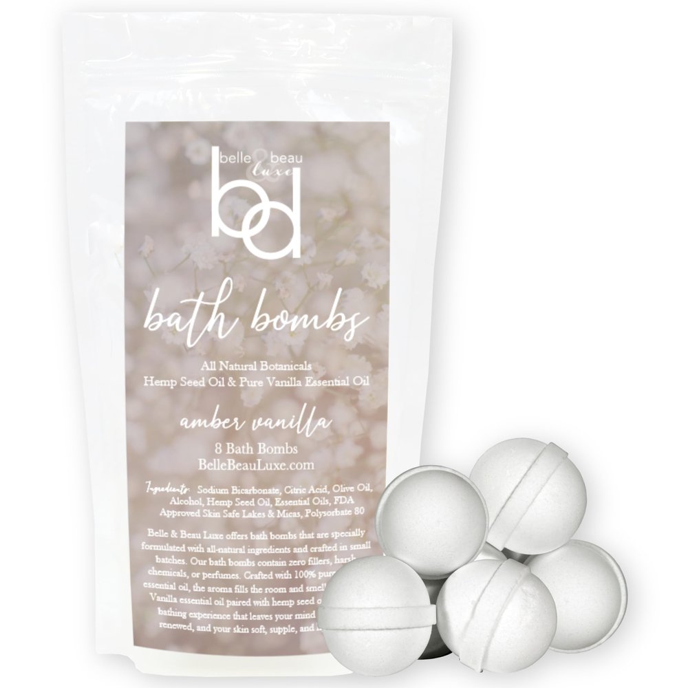 Belle & Beau Luxe All-Natural Amber Vanilla Hemp Bath Bombs - Made with Organic Hemp Seed Oil and Pure Essential Oils - 8 Count