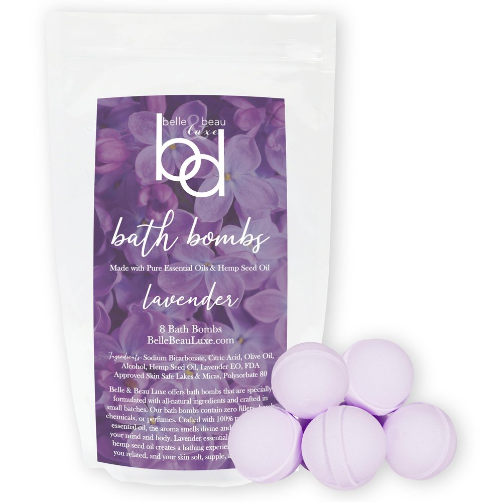 Belle & Beau Luxe All-Natural Hemp Bath Bombs - Made with Organic Hemp Seed Oil and Pure Essential Oils - 8 Count