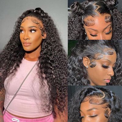 13x4 Deep Wave Lace Front Wigs Human Hair Wet and Wavy Glueless Wigs Human Hair Pre Plucked with Baby Hair Curly Wigs for Black Women 180% Density Brazilian Virgin Lace Frontal Wig Natural Color
