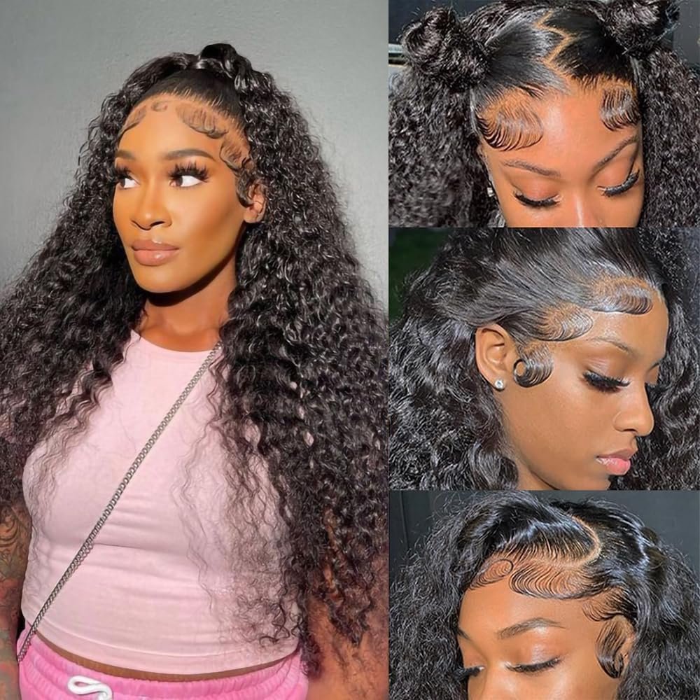 13x4 Deep Wave Lace Front Wigs Human Hair Wet and Wavy Glueless Wigs Human Hair Pre Plucked with Baby Hair Curly Wigs for Black Women 180% Density Brazilian Virgin Lace Frontal Wig Natural Color