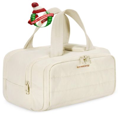BAGSMART Travel Toiletry Bag, Crush Toiletry Bag for Women, Wide-open Puffy Toiletry Bags for Traveling, Large Travel Cosmetic Makeup Bag Organizer for Accessories,Toiletrie, Beige