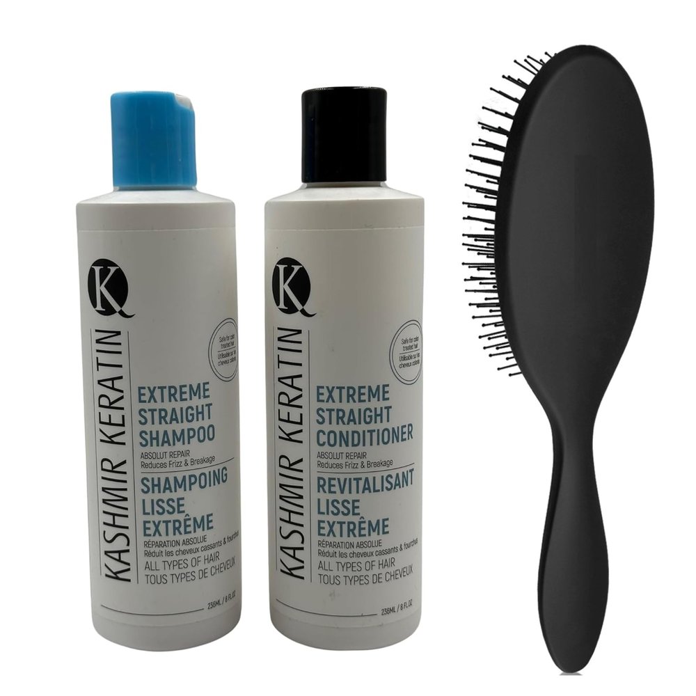 Bundle 3 Items: Extreme Straight Keratin Shampoo 8 oz, Extreme Straight Keratin Conditioner 8oz and Paddle Brush, Frizz Free & Control, Sulfate Free, Paraben Free