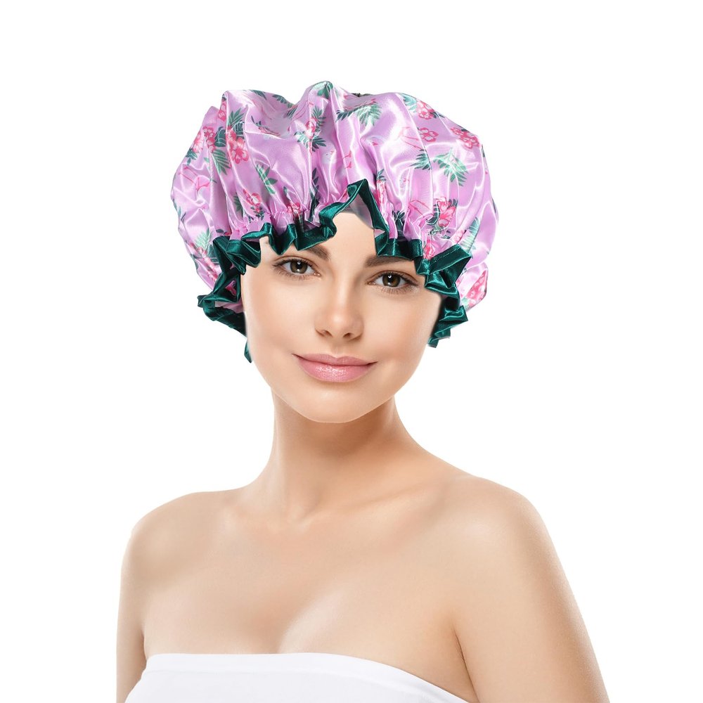 WOFASHPURET Shower Cap for Women, Elastic Shower Cap 2pcs Reusable Bath Double Layer Satin Silk Waterproof s Hair Protector for Shower All Hair(Flamingo Pattern)