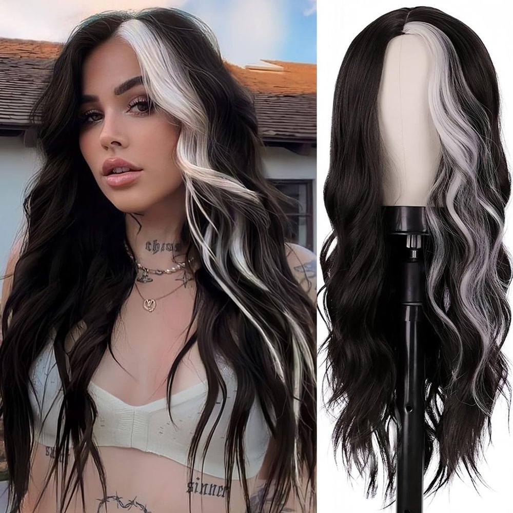 Sabosi Long Wavy Black White Wigs for Women 26 Inch Middle Part Curly Wavy Wig Natural Looking Synthetic Heat Resistant Fiber Wig for Daily Party Use