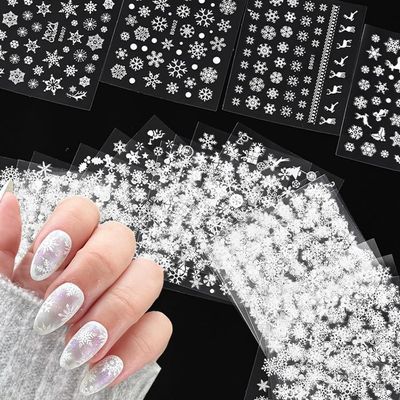 30Pcs Christmas White Snowflake Nail Art Stickers Decals Winter Christmas Snow Nail Self-Adhesive Sticker Designs Xmas Big Snowflake Nail Transfer Decal Acrylic Supplies for Women Manicure Decorations