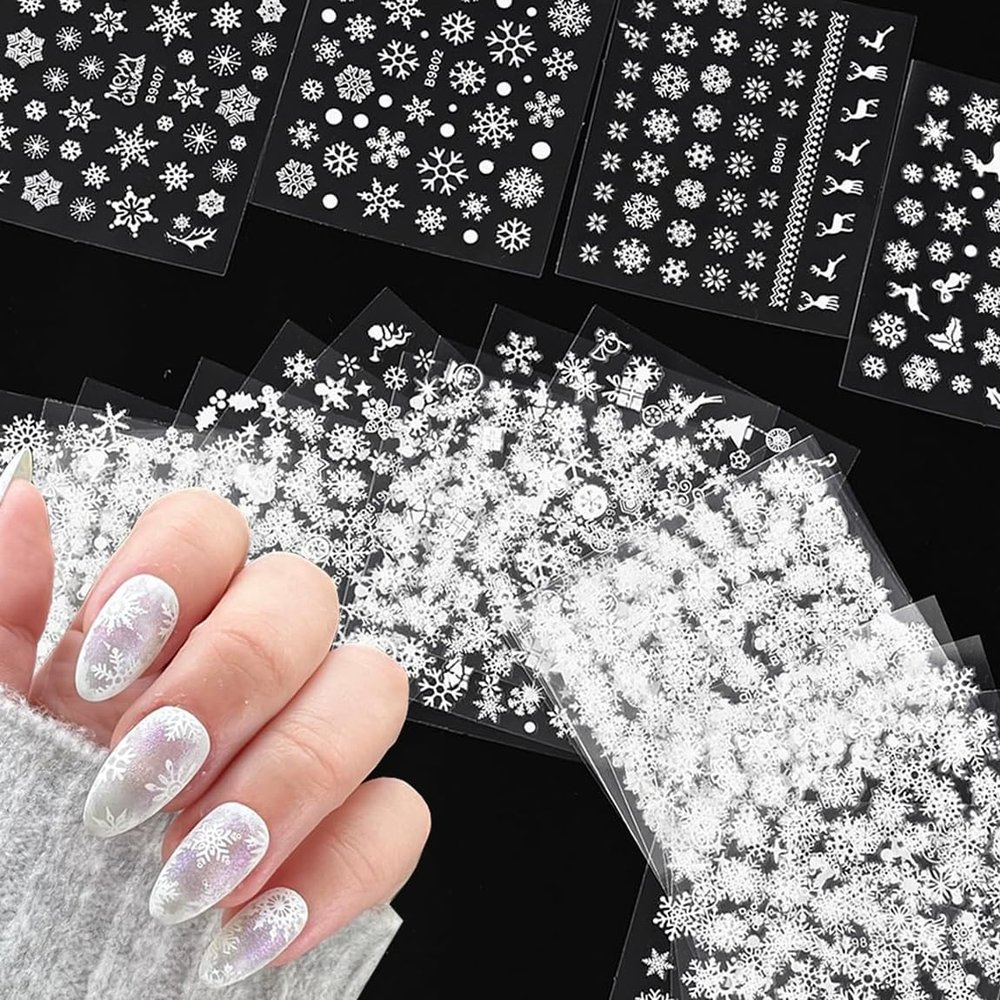 30Pcs Christmas White Snowflake Nail Art Stickers Decals Winter Christmas Snow Nail Self-Adhesive Sticker Designs Xmas Big Snowflake Nail Transfer Decal Acrylic Supplies for Women Manicure Decorations