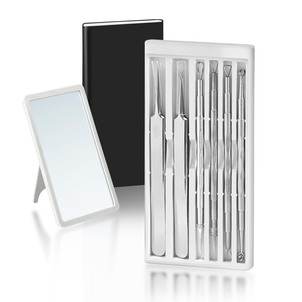 Blackhead Remover Kit - Precision Stainless Steel Blackhead Remover Tweezers for Acne, Pimples Professional Acne Treatment Tool with Travel Case and Mirror