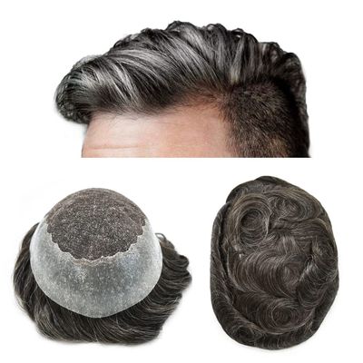 Mens Toupee Hair Piece Real Human Hair French Lace Bleached Knots Front Natural Hairline Thin Skin (7"*9", 230# 2# Darkest Brown+30% Sythetic Grey-120% Medium Light to Medium Density)