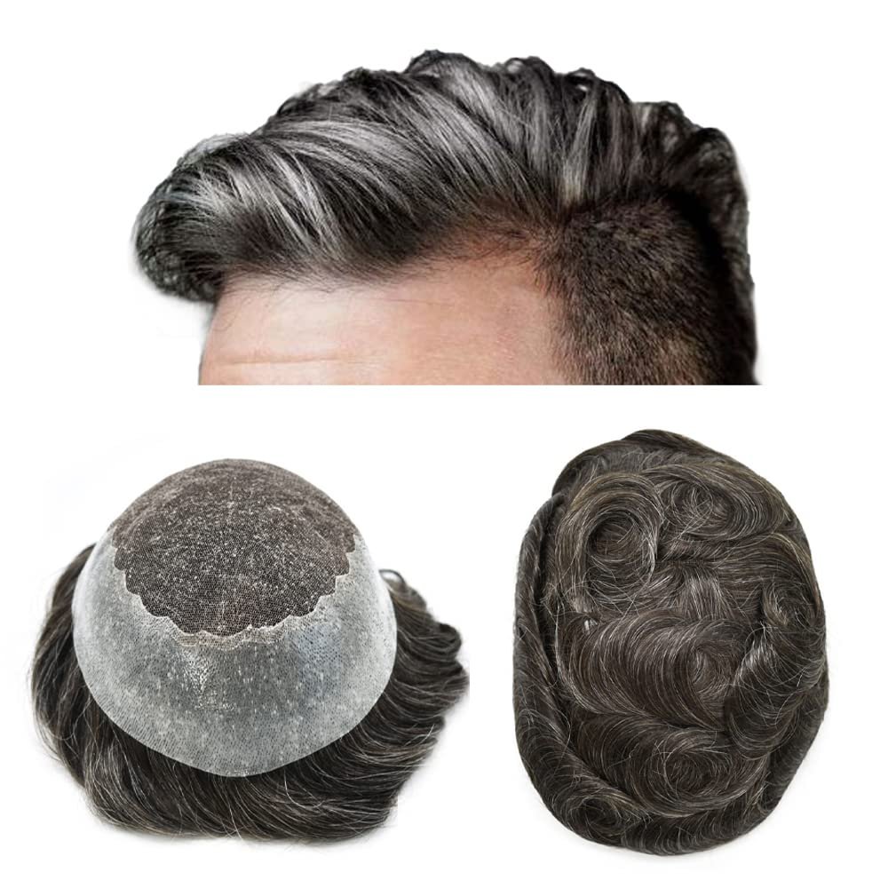 Mens Toupee Hair Piece Real Human Hair French Lace Bleached Knots Front Natural Hairline Thin Skin (7"*9", 230# 2# Darkest Brown+30% Sythetic Grey-120% Medium Light to Medium Density)