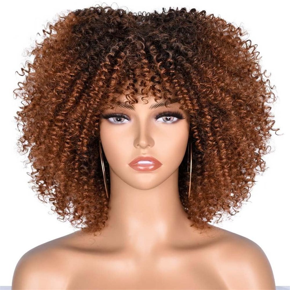10Inch Afro Kinky Curly Wigs With Bangs For Black Women Blonde Mixed Brown Synthetic Cosplay African Wigs
