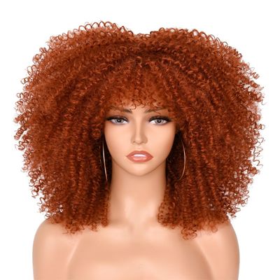 16" Curly Wigs With Bangs For Black Women Synthetic Short Afro Wig Ombre Red Glueless Cosplay Heat Hair
