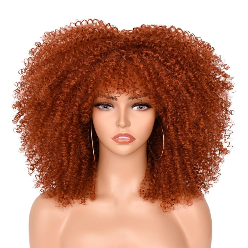 16" Curly Wigs With Bangs For Black Women Synthetic Short Afro Wig Ombre Red Glueless Cosplay Heat Hair