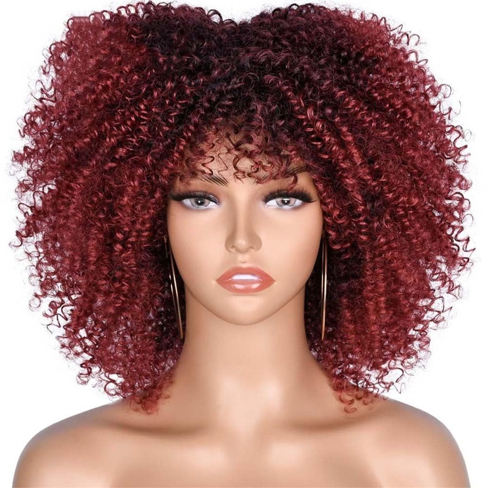 10Inch Afro Kinky Curly Wigs With Bangs For Black Women Blonde Mixed Brown Synthetic Cosplay African Wigs