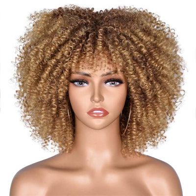 10Inch Afro Kinky Curly Wigs With Bangs For Black Women Blonde Mixed Brown Synthetic Cosplay African Wigs