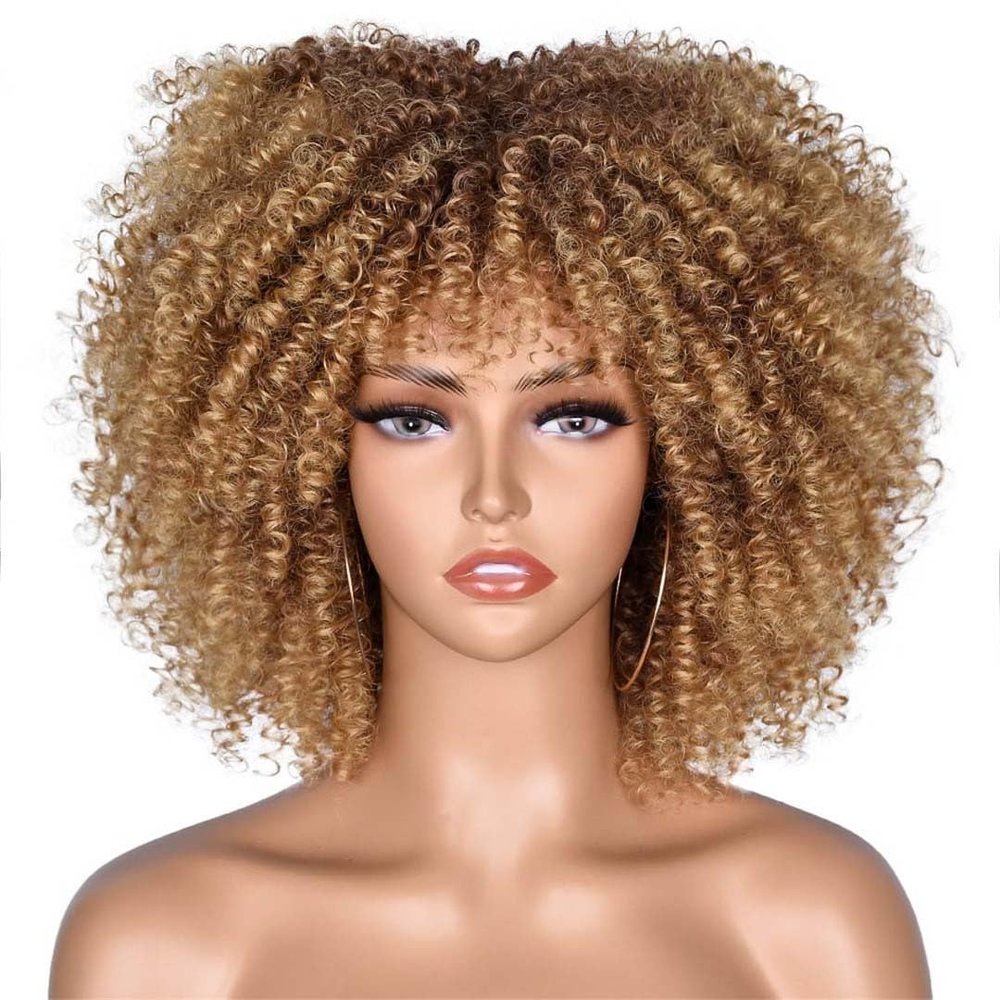 10Inch Afro Kinky Curly Wigs With Bangs For Black Women Blonde Mixed Brown Synthetic Cosplay African Wigs