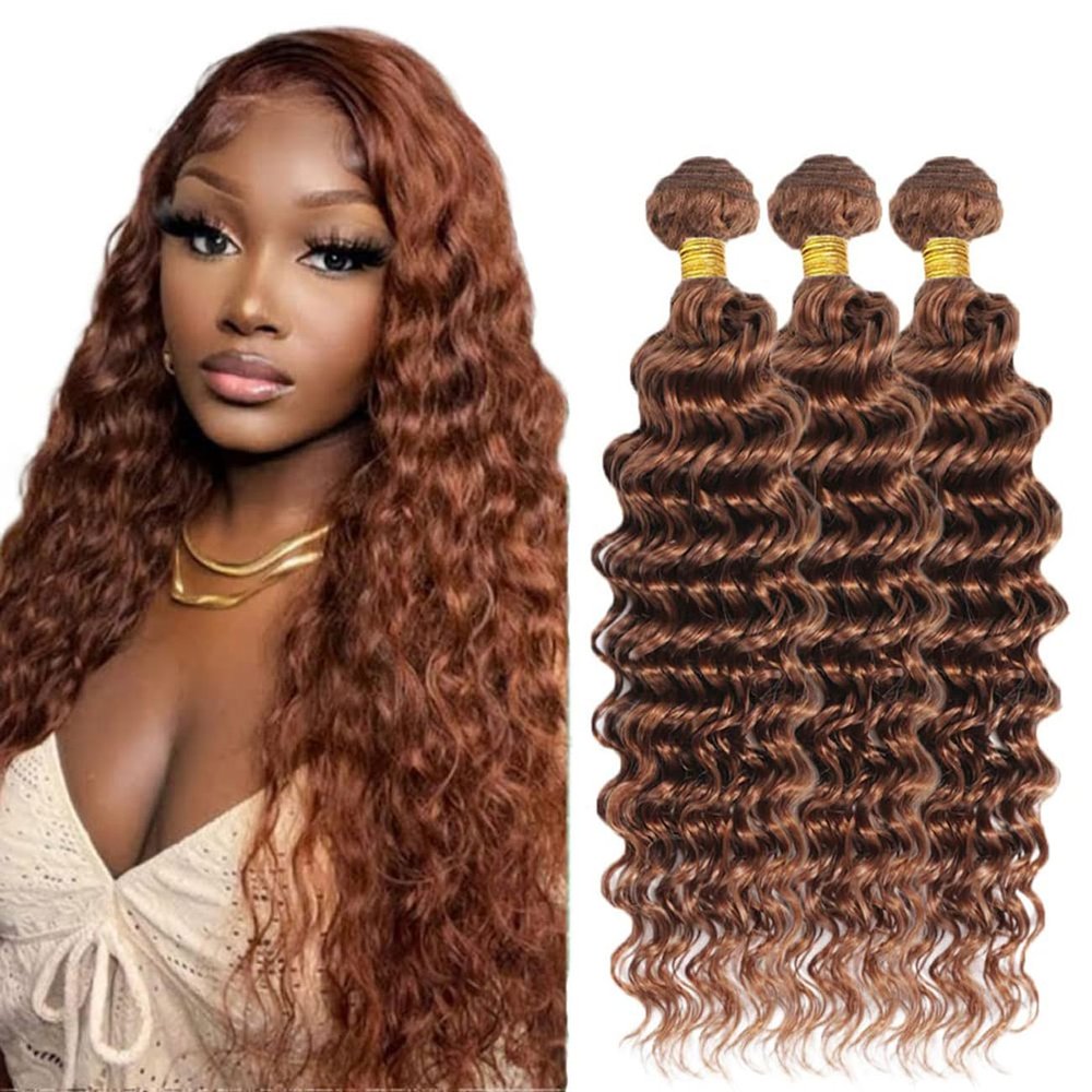 Light Brown Bundles Brazilian Remy Hair Bundles Deep Wave Hair Bundles Dark Roots #30 Hair 3 Bundle Hair Extensions For Women 24 26 28 inch