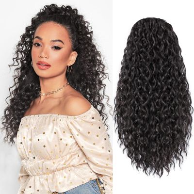 FREEMEIGE Curly Ponytail Extension Drawstring Ponytail 20 Inch Long Wavy Curly Clip in Ponytails Fake Pony Tails Hair Extensions Synthetic Curly Hair Thick Ponytail Extension Hairpiece