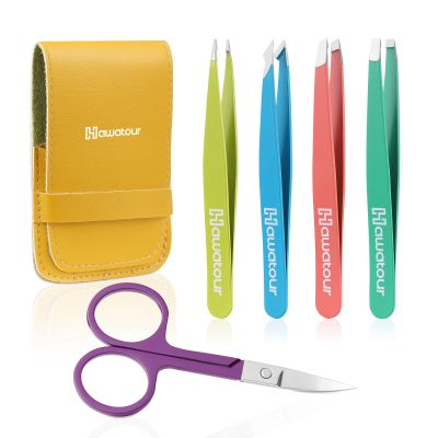 HAWATOUR Tweezers Set, 4Pcs Eyebrows Tweezers & 1Pc Scissor with Leather Case, Great Precision for Ingrown Hair, Facial Hair Removal, Multicolored