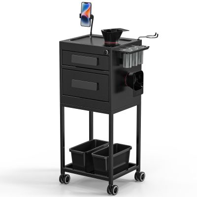 OmySalon Salon Trolley Cart, Hair Stylist Station with Lockable Drawer, 2 Magnetic Color Bowls & 2 Storage Baskets, Metal Barbershop Beauty Hairdressing Tattoo Equipment, Black