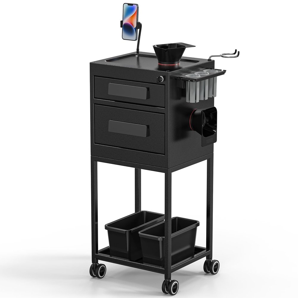 OmySalon Salon Trolley Cart, Hair Stylist Station with Lockable Drawer, 2 Magnetic Color Bowls & 2 Storage Baskets, Metal Barbershop Beauty Hairdressing Tattoo Equipment, Black
