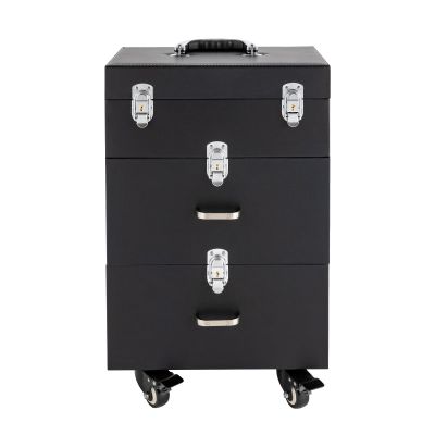 BANLICALI 3-Tier Aluminum Alloy Rolling Makeup Case with 4 Wheel and Retractable Handle, Free Standing Cosmetics Storage Organizer Make-Up Station for Salons Homes Parties Black