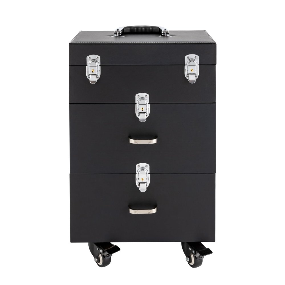 BANLICALI 3-Tier Aluminum Alloy Rolling Makeup Case with 4 Wheel and Retractable Handle, Free Standing Cosmetics Storage Organizer Make-Up Station for Salons Homes Parties Black