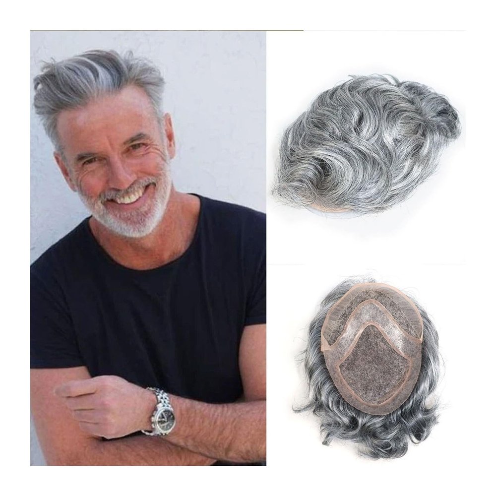 Hair Toupee Men Human Hair Toupee for Men 8"x10" Durable Mono with PU Base Men's Toupee #1B Black with Gray Color Lace Front Mens Hair Replacement System Men's Toupee (Color : 1B80 8x10inch)
