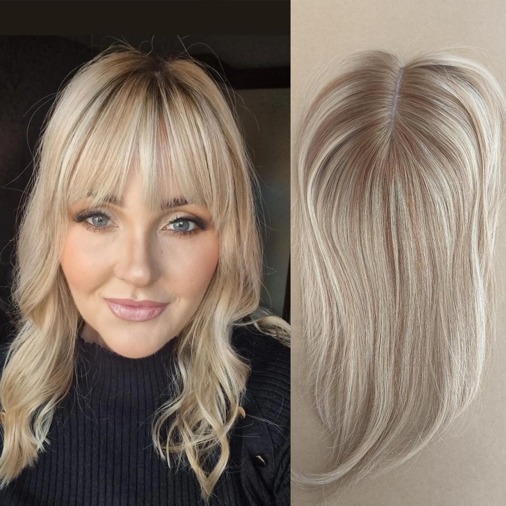 FQNing Human Hair Topper, Balayage Hair Blonde Short Remy Hair Piece 5''*5.5'' Soft Silk Base Crown Coverage No Bangs for Women (8 Inch, T16/10,honey blonde with toffee lowlights and level 9/10 root)