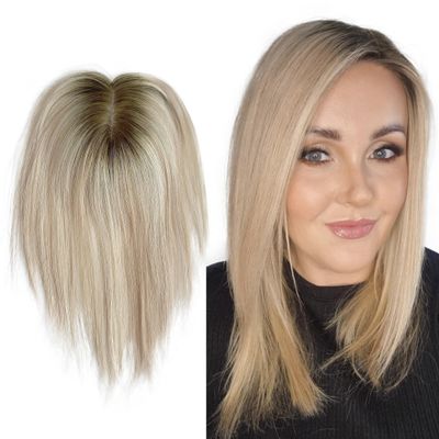 FQNing Hair Topper Real Human Hair, Crown Coverage Balayage Remy Straight Hairpiece Topper Density 130% for Hair Loss (8 Inch, T22/9 Platinum blonde with level 8/9 lowlights and root)
