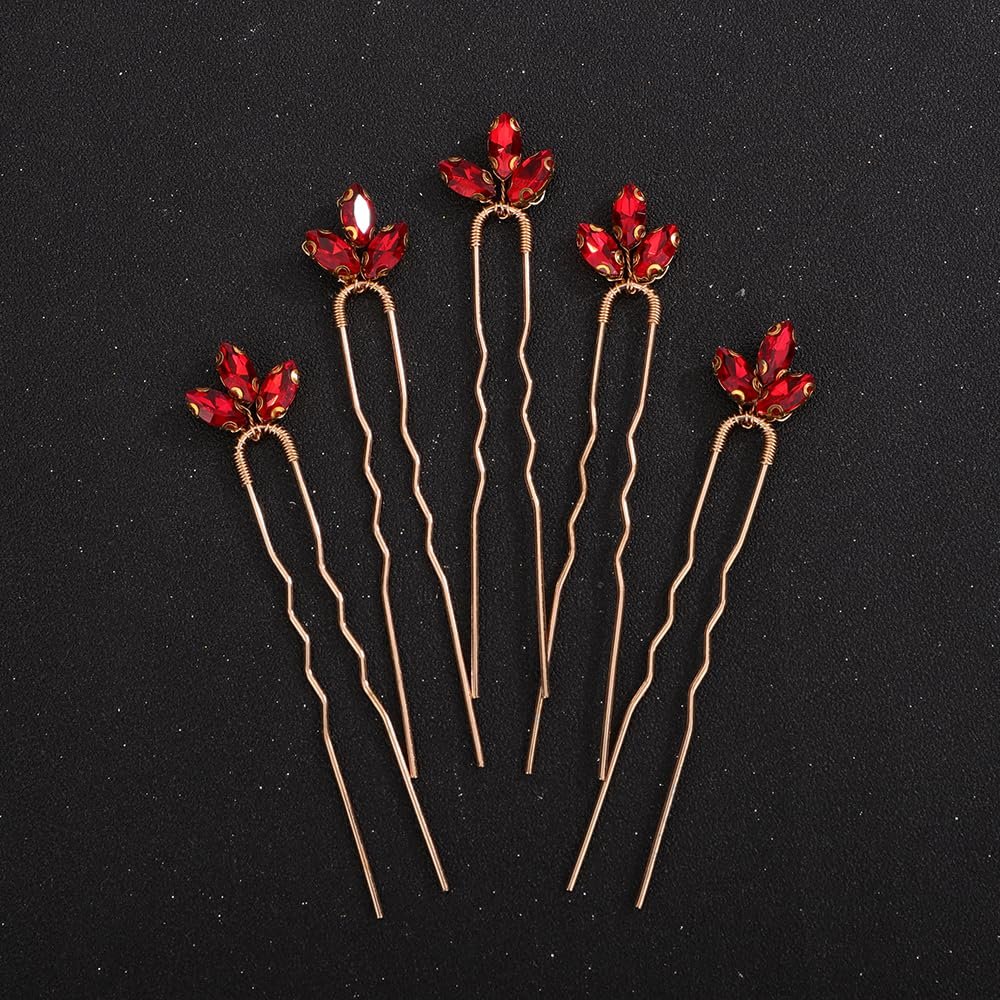 Teyglen Hair Pins, 5pcs Crystal Bride Wedding Hair Accessories, Rhinestone Sparkly Hair Clips for Women Girls Party Prom (Red)