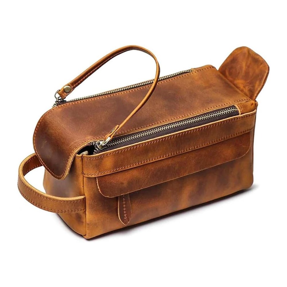 AGDHERSNVX Toiletry Bag for Men Women,Full Grain Leather Handcrafted Vintage Travel Pouch,Leather Toiletry Travel Dopp Kit,Large Shaving Cosmetic BagFully Lined with Cotton Fabric VintageBrown