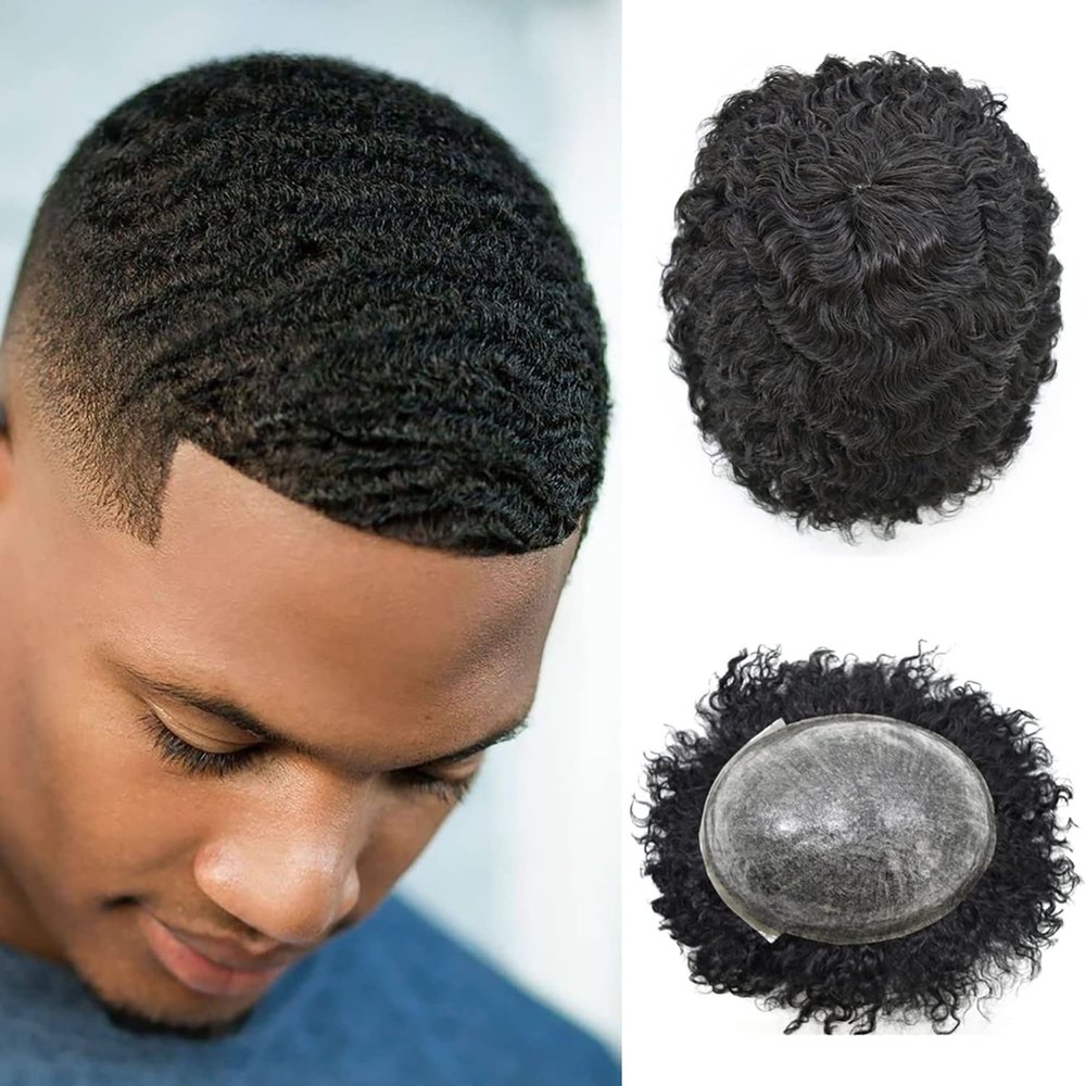 Afro Toupee For Black Men Curly Weave Brazilian Human Hair System For Black Men All PU Injection Hair Unit For Black Men Hairpieces African American Mens Hair Piece8''X10'' 14MM Afro Wave #1 Jet Black