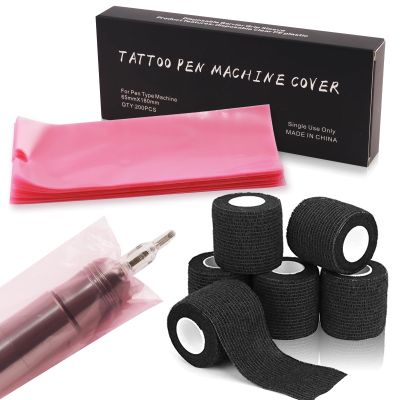200PCS Pen Covers with 6PCS Grip Tape - Combofix Machine Wrap Cover Pink Pen Bags Pen Sleeves Machine Sleeves with Black Grip Wrap Self-Adherent Tape Plastic Covers