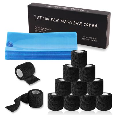 200PCS Pen Covers with 12PCS Grip Tape - Combofix Machine Wrap Cover Blue Pen Bags Pen Sleeves Machine Sleeves with Black Grip Wrap Self-Adherent Tape Plastic Covers