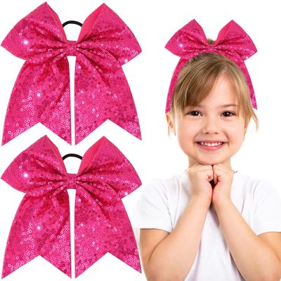 2 PCS 8" Large Glitter Cheer Bows Sequin Cheer Hair Bows Handmade for Jumbo Cheerleading Teen Girls Sports (Rose)