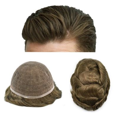 F M FACE MIRACLE NEW YORK French Lace Mens Toupee Hair Pieces For Men Full Lace Toupee Real Human Hair Bleached Knots Natural Hairline US Stock Men Hair System (7"X9", 6 Light Brown-120% density)