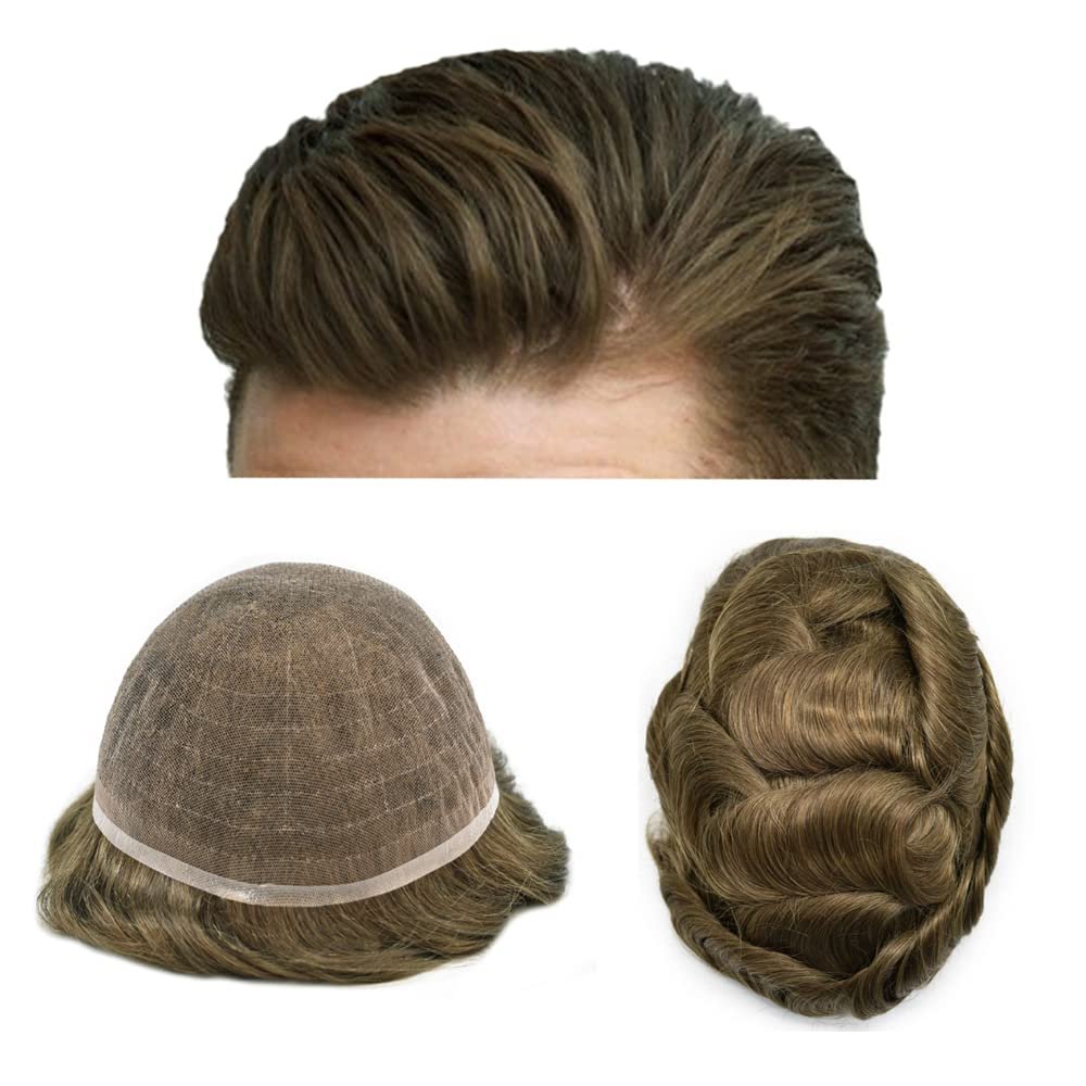 F M FACE MIRACLE NEW YORK French Lace Mens Toupee Hair Pieces For Men Full Lace Toupee Real Human Hair Bleached Knots Natural Hairline US Stock Men Hair System (7"X9", 6 Light Brown-120% density)