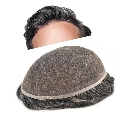French Lace Mens Toupee Hair Pieces For Men Full Lace Toupee Real Human Hair Bleached Knots Natural Hairline US Stock Men Hair System (8"X10", #1B40 Off Black with 40%gray hair -110%density)