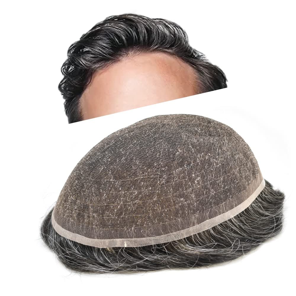 French Lace Mens Toupee Hair Pieces For Men Full Lace Toupee Real Human Hair Bleached Knots Natural Hairline US Stock Men Hair System (8"X10", #1B40 Off Black with 40%gray hair -110%density)