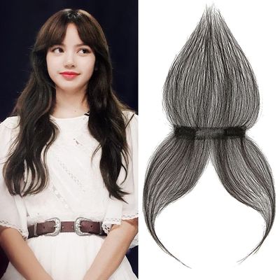 LesafeV One Piece With 2 Clips Hairpiece Topper Invisible Clip in Human Hair Bangs Extension Mini Smart Forehead Replacement Wiglet (Middle Part Black)